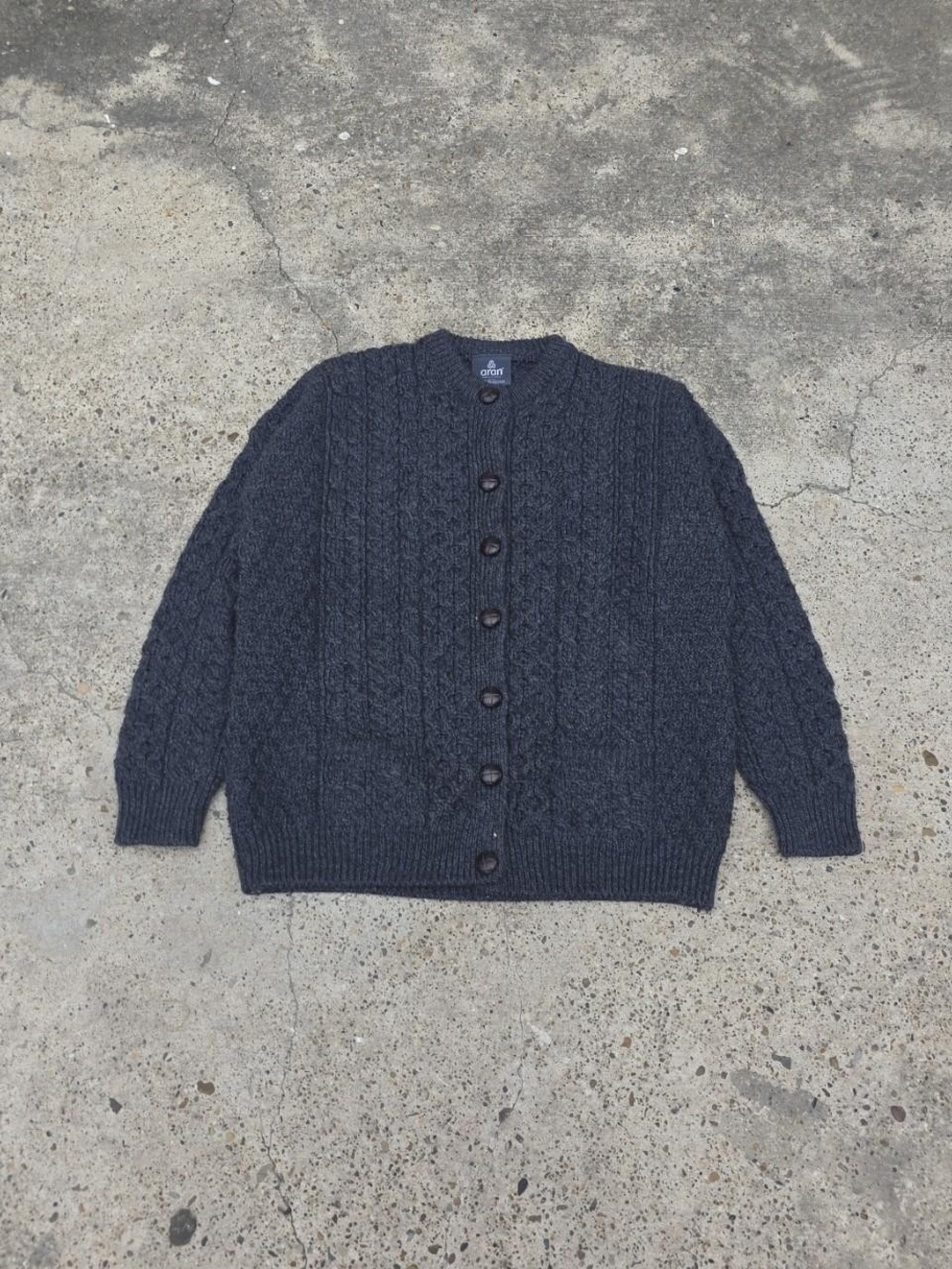 Vintage Callan Irish Aran Grey Cable Knit Cardigan Sweater Size Large